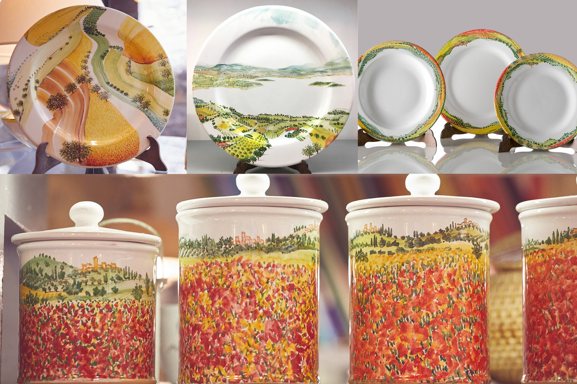 Perugia shopping Materia Ceramica ceramic dishes and ceramic jars painted with landscapes of the Umbria countryside